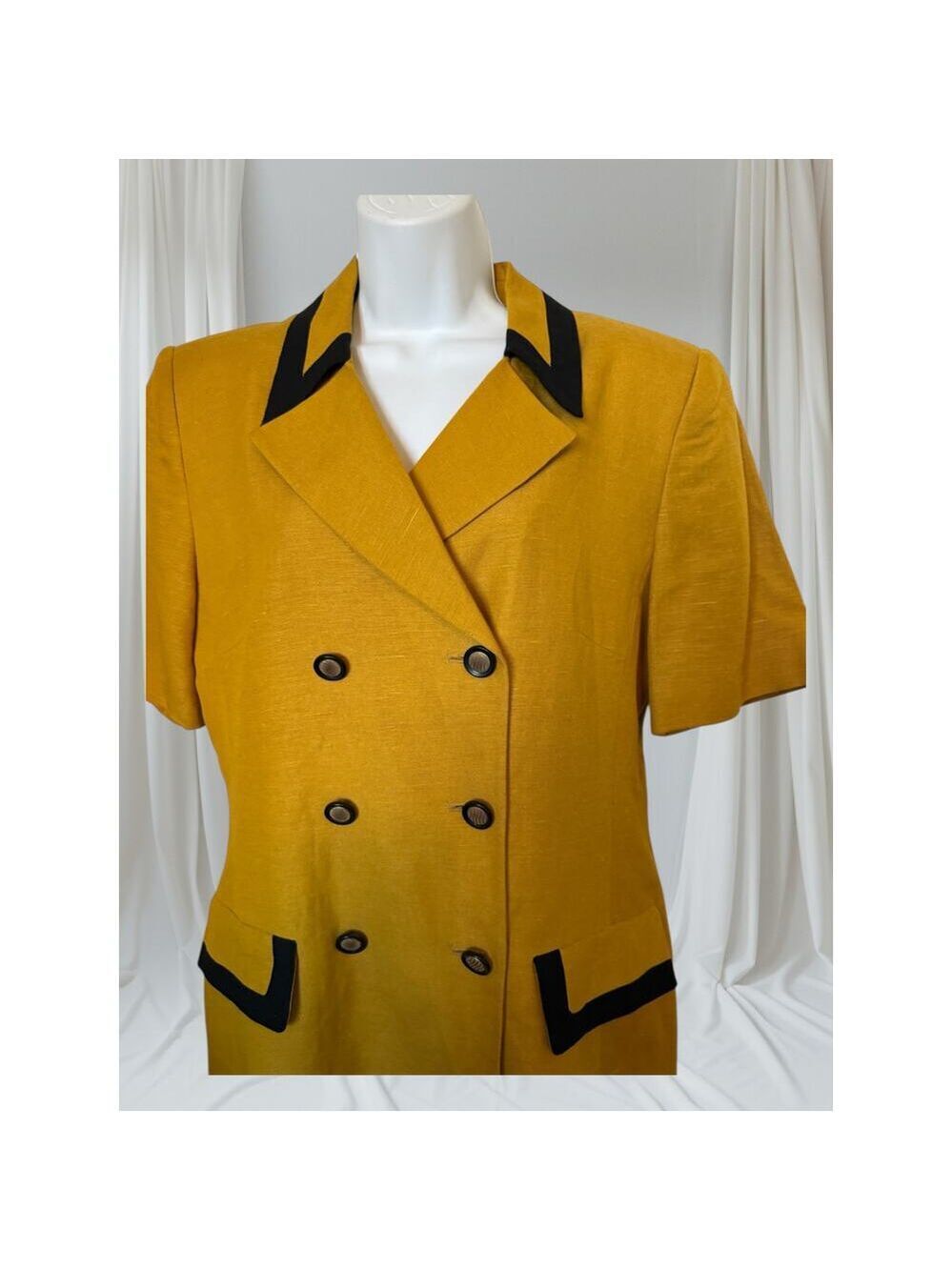 Vintage Oleg Cassini Mustard & Black Linen Double-Breasted Skirt Suit Set - Picture 4 of 9